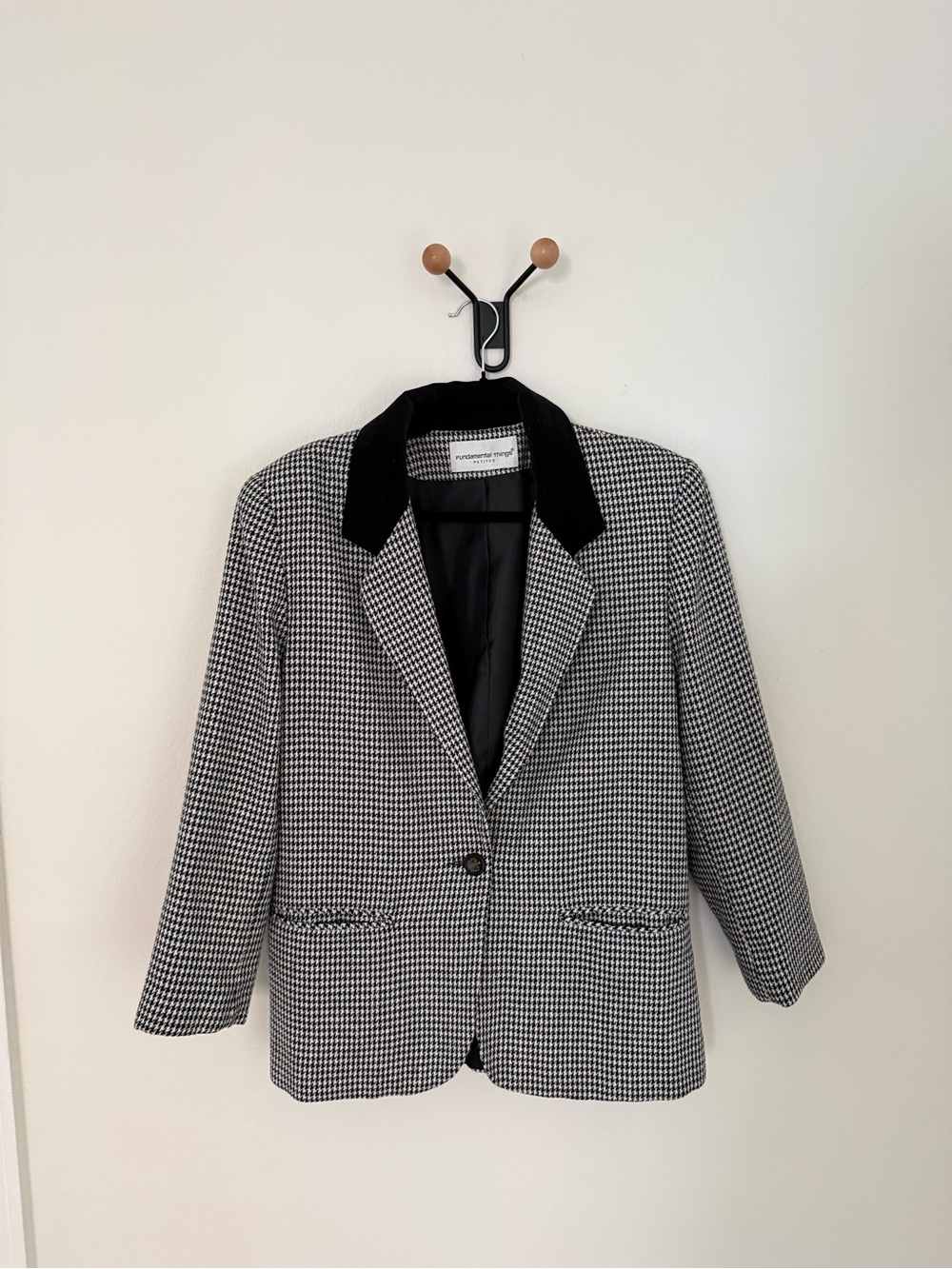 Tailored Houndstooth Blazer with Black Velvet Collar